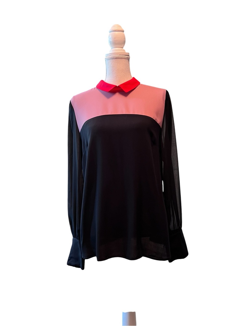 BCBGeneration Black and Pink Blouse with Collar Sheer Long Sleeves